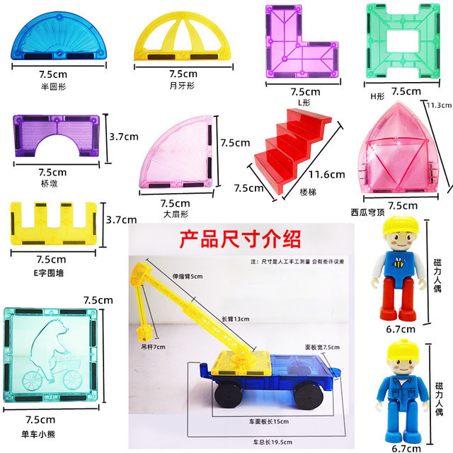 
Colored window special-shaped magnetic sheets and loose sheets are replenished with large fan-shaped magnetic crane long arm truck assembly building blocks