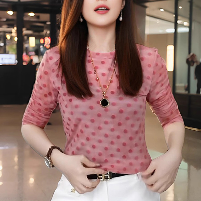 Pink wave dot long -sleeved T -shirt Women's Spring and Autumn 2024 New Fashion Slim Slim Barlier Bottom Blog
