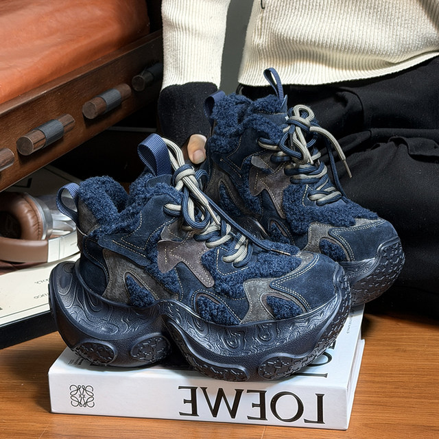 Matte genuine fur plus velvet thick-soled dad shoes for women 2025 new versatile small height increasing casual sports shoes
