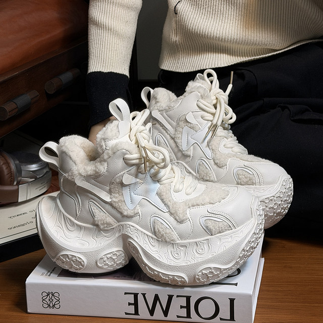 Matte genuine fur plus velvet thick-soled dad shoes for women 2025 new versatile small height increasing casual sports shoes