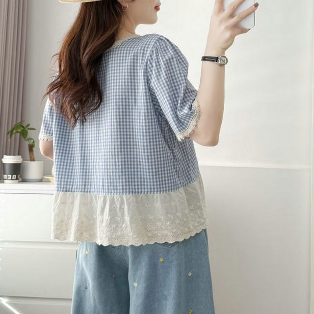Lace spliced ​​short-sleeved plaid shirt for women 2025 summer new fashionable and versatile shirt for small fragrance style age-reducing top