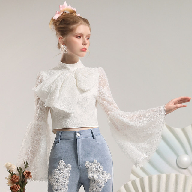Elegant retro style flap sleeve top 2025 spring lace bow slim fit short style for women