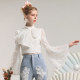 Elegant retro style flap sleeve top 2025 spring lace bow slim fit short style for women