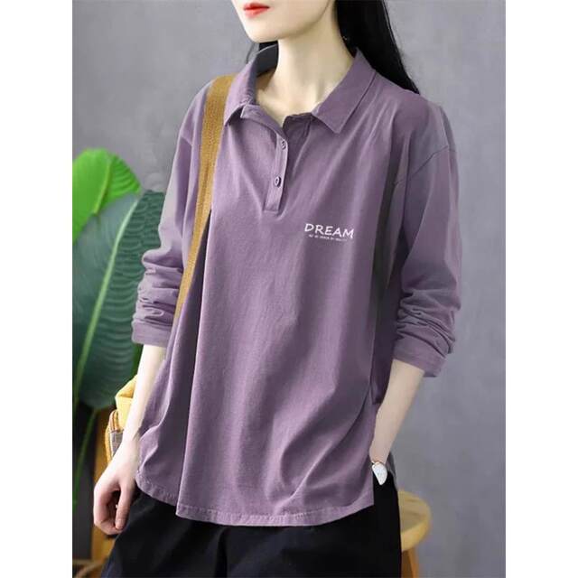 Green Cotton POLO Polo Leading T -shirt Female Spring and Autumn Poor Spring and Autumn Loose Bottom bottom shirt Casual retro latitude
