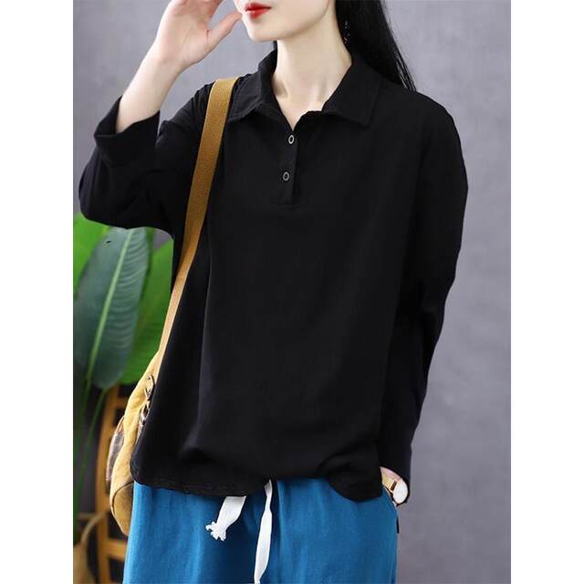 Purple Cotton POLO Polo Leading T -shirt Female Spring and Autumn Poor Spring and Autumn Paper Bottom Bottom Casual Various lapel top
