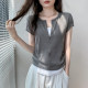 Zipper half-open collar fake two-piece short-sleeved T-shirt for women 2025 spring and summer new slim U-shaped hem cardigan underwear top