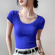 Pure cotton u-neck short-sleeved T-shirt for women 2025 summer new style clavicle exposed large neckline waist-hugging slimming fruit green top