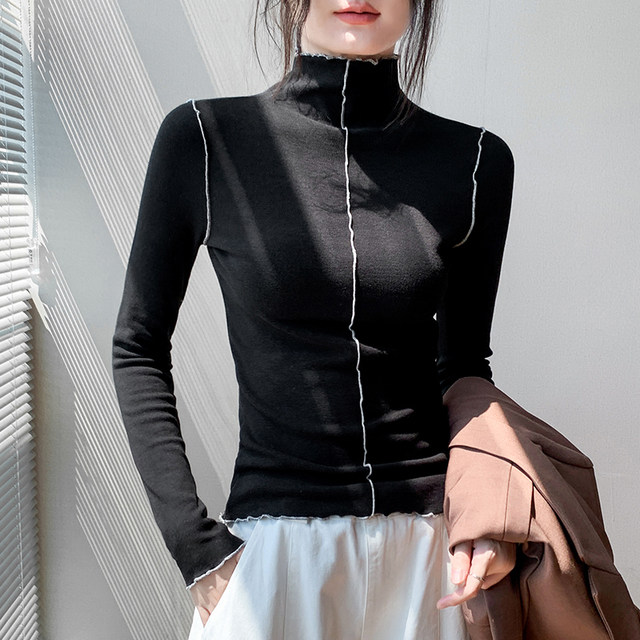 Gebei Shang Europe and the United States retro non -lock edge half -high -necked long -sleeved grinding hair, the female top of the female top, stitching design feel bottoming shirt