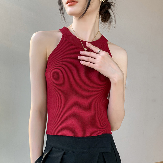 Women's halter neck knitted vest 2025 early autumn new slim fit slim suit underwear top solid color sleeveless base shirt