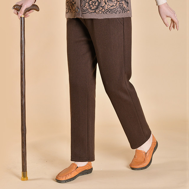 Mom pants with velvet loose straight-leg grandma pants for autumn and winter middle-aged and elderly women's pants old ladies wear woolen trousers outside
