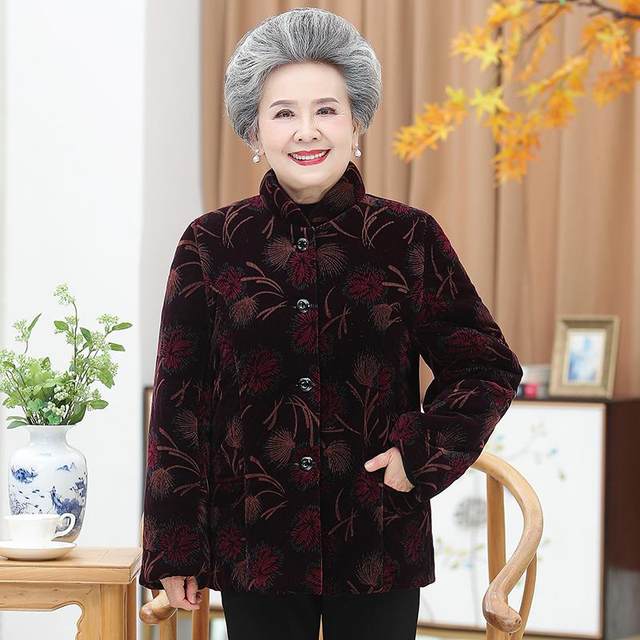 Middle-aged and elderly women's winter clothes, mother cotton coat, grandma plus velvet thickened cotton coat, elderly clothes, old lady cotton coat