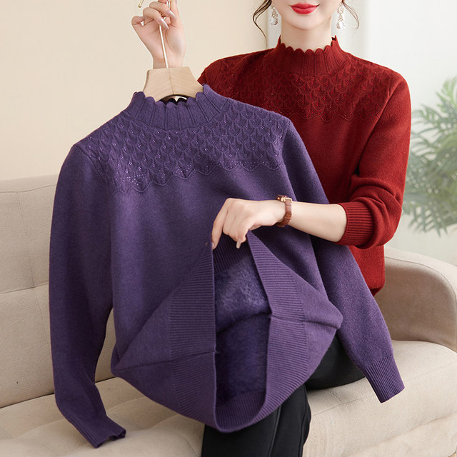 Mom's stylish velvet thickened sweater, middle-aged women's new long-sleeved top, middle-aged and elderly autumn and winter knitted bottoming shirt
