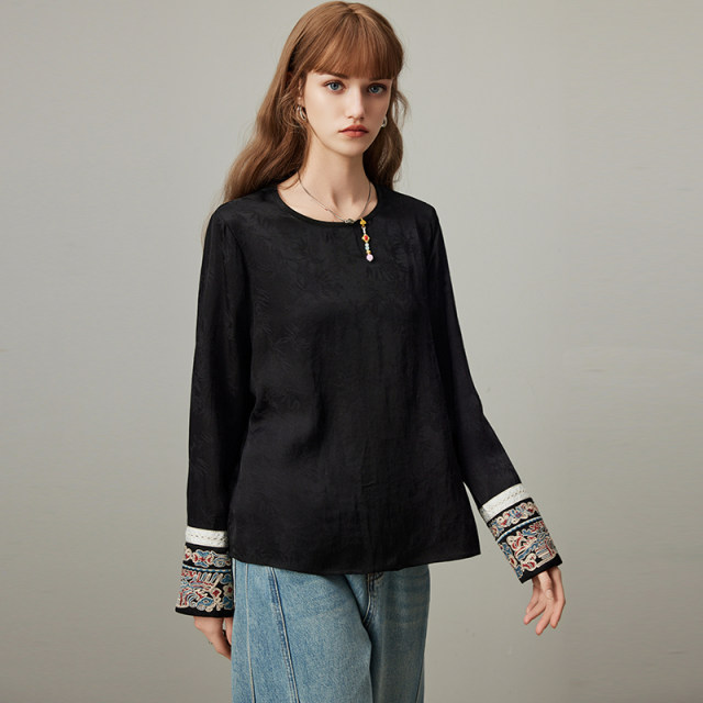 dfvc black Chinese style jacquard tense long-sleeved shirt for women in spring 2025 new embroidered inner bottoming shirt thin
