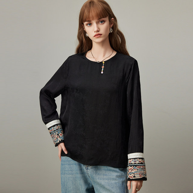 dfvc black Chinese style jacquard tense long-sleeved shirt for women in spring 2025 new embroidered inner bottoming shirt thin