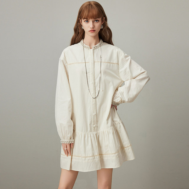 dfvc casual cotton shirt dress for women 2025 spring new striped spliced ​​belt loose doll skirt