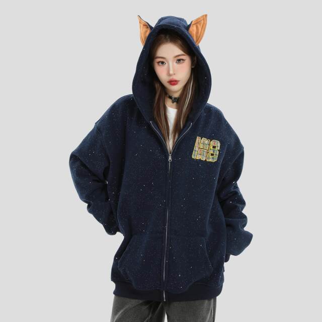 NOPASS National Fashion Brand Original American Doberman Pinscher Ear Hooded Sweatshirt Starry Stars Plus Velvet Cardigan Jacket for Women