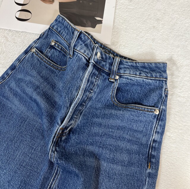 Women's foreign trade denim blue charcoal black invisible buttons, wide cotton slit straight denim skirt