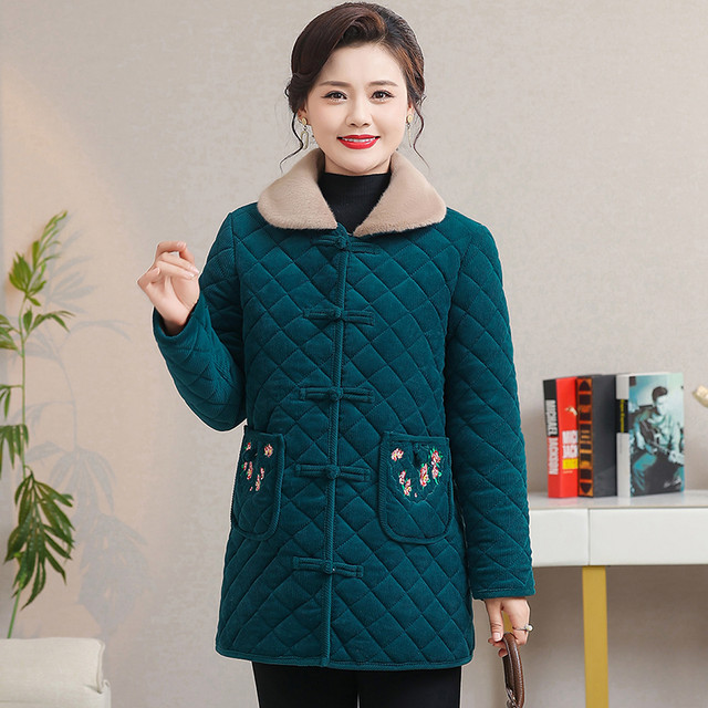 Mother's winter corduroy cotton coat plus velvet thickened warm cotton coat for women mid-length new middle-aged and elderly cotton-padded jacket