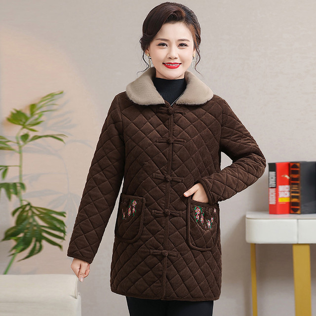 Mother's winter corduroy cotton coat plus velvet thickened warm cotton coat for women mid-length new middle-aged and elderly cotton-padded jacket