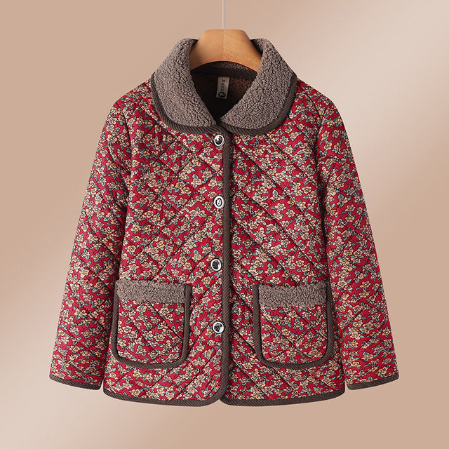 2025 new mother winter jacket short cotton jacket plus velvet thick cotton jacket middle -aged and elderly women's autumn and winter flower cotton jacket