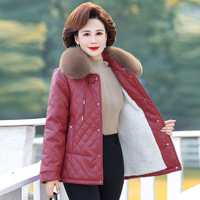 Mom winter jacket plus velvet cotton jacket middle -aged women's PU waging cotton clothes middle -aged and old autumn and winter thickened new cotton jacket