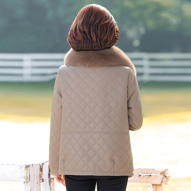 Mom winter jacket plus velvet cotton jacket middle -aged women's PU waging cotton clothes middle -aged and old autumn and winter thickened new cotton jacket