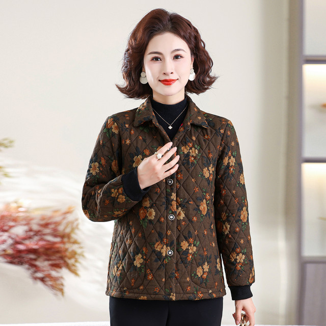 Mom's autumn and winter quilted shirt jacket, floral cotton coat, middle-aged and elderly grandma's winter dress, short style, warm cotton-padded jacket