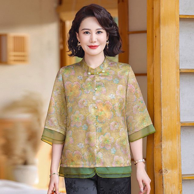 Chinese style mom summer suit middle-aged and elderly ladies slim shirt lady new Chinese style short-sleeved T-shirt shirt