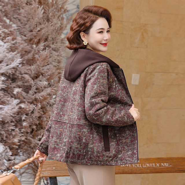 Mom's autumn and winter clothing new floral jacket middle-aged women lapel short coat middle-aged and elderly loose winter thick