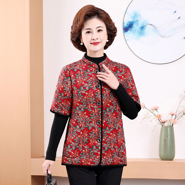 Mother's autumn and winter clothing floral quilted and velvet warm small cotton coat for middle-aged and elderly women cotton vest mid-sleeve cotton jacket