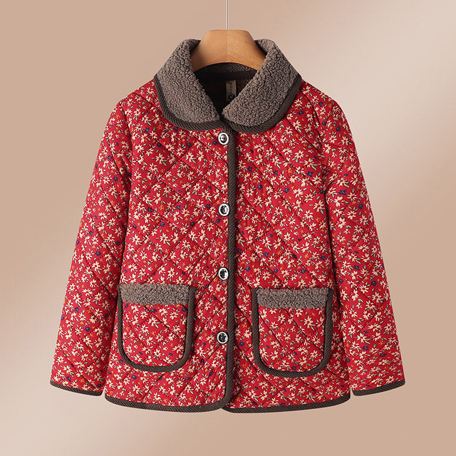 2025 new mother winter jacket short cotton jacket plus velvet thick cotton jacket middle -aged and elderly women's autumn and winter flower cotton jacket