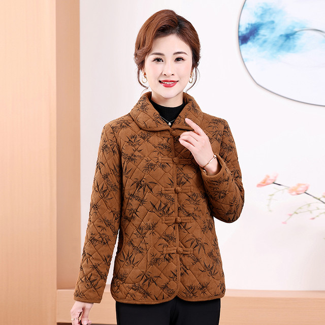 Mother's autumn and winter clothing, velvet small cotton-padded jacket, western-style cotton clothing, middle-aged and elderly grandmother's clothing, light and short printed cotton-padded jacket