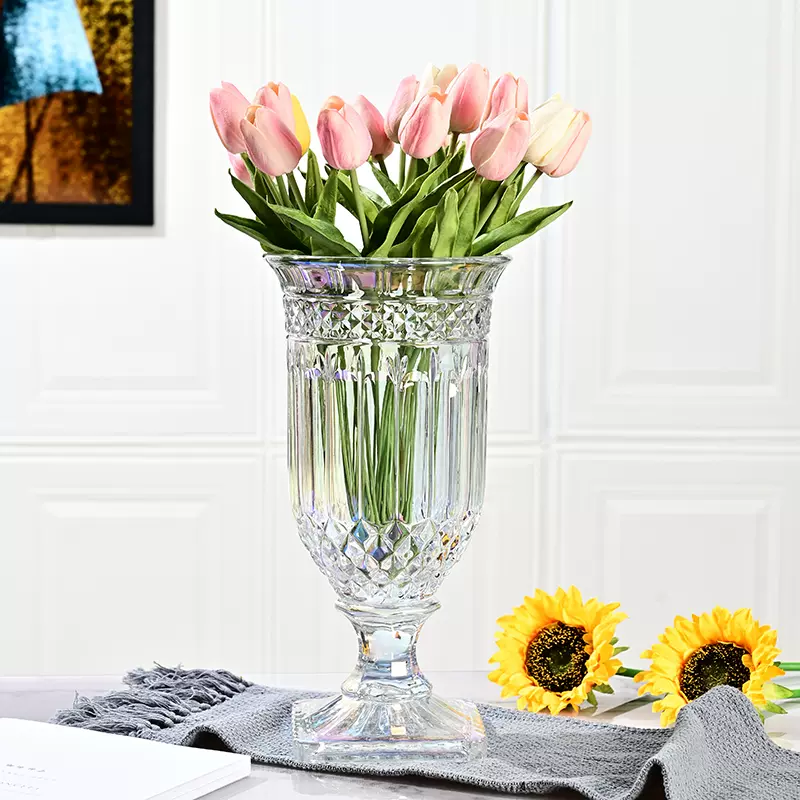 北欧花田 未见山 北欧浮雕复古雕花大口玻璃花瓶高脚