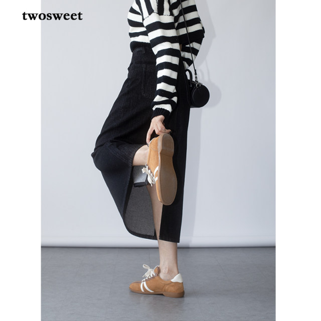 twosweet four-season commuting denim black skirt/not faded high waist straight tube small A slim mid-length skirt for women
