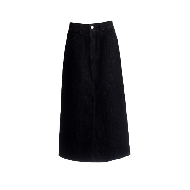 twosweet four-season commuting denim black skirt/not faded high waist straight tube small A slim mid-length skirt for women
