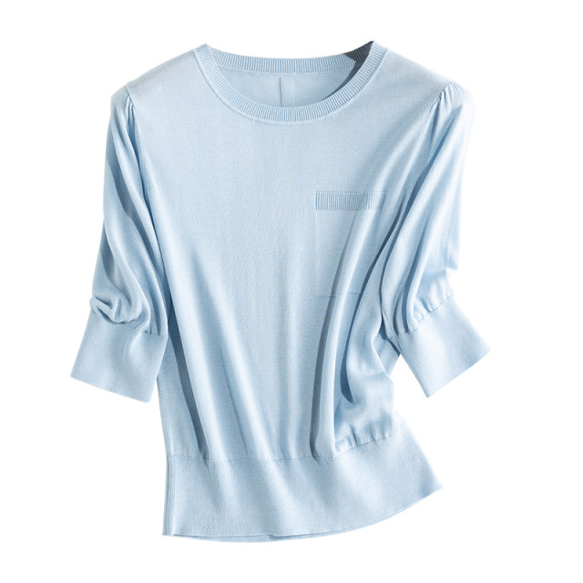 Cool mulberry silk simple knitted pullover mid-sleeves and quarter-sleeves~Versatile basic slimming thin style T-shirt for women