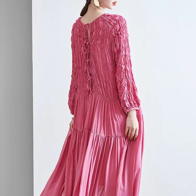 French new silk dress for women spring mulberry silk long skirt loose fashionable big hem skirt long sleeve large size women's clothing