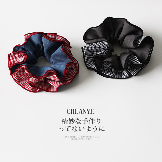 Kawano French double-layer plaid large intestine hair ring for women new fashion simple high elastic ponytail hair rope headband hair accessories