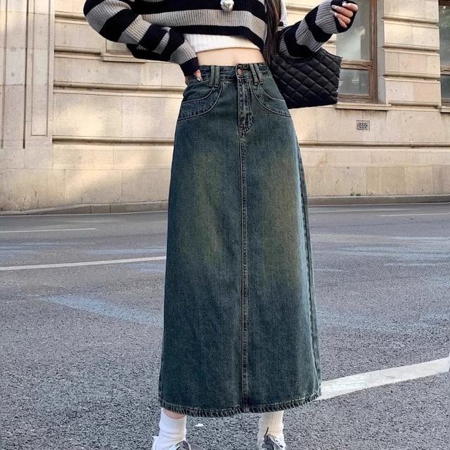 
FYQ-Retro old denim skirt for women in spring high waist slim mid-length A-line slit hip-pack skirt