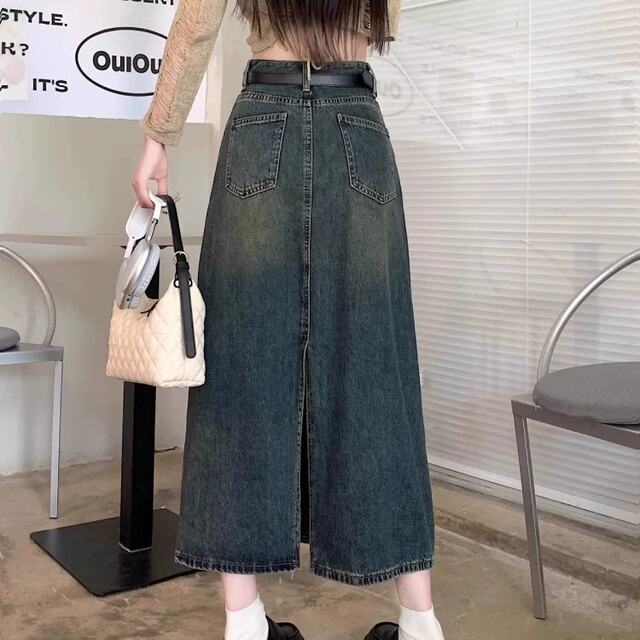 
FYQ-Retro old denim skirt for women in spring high waist slim mid-length A-line slit hip-pack skirt