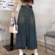 
FYQ-Retro old denim skirt for women in spring high waist slim mid-length A-line slit hip-pack skirt