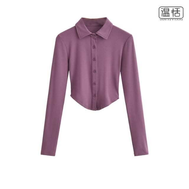 American retro Polo collar single-breasted long-sleeved shirt for women slim hot girl curved hem short T-shirt