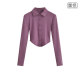 American retro Polo collar single-breasted long-sleeved shirt for women slim hot girl curved hem short T-shirt