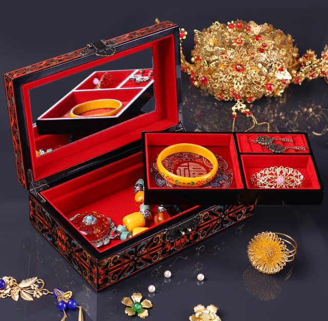 Retro style Han pattern lacquer jewelry box classical wooden Jingchu ...