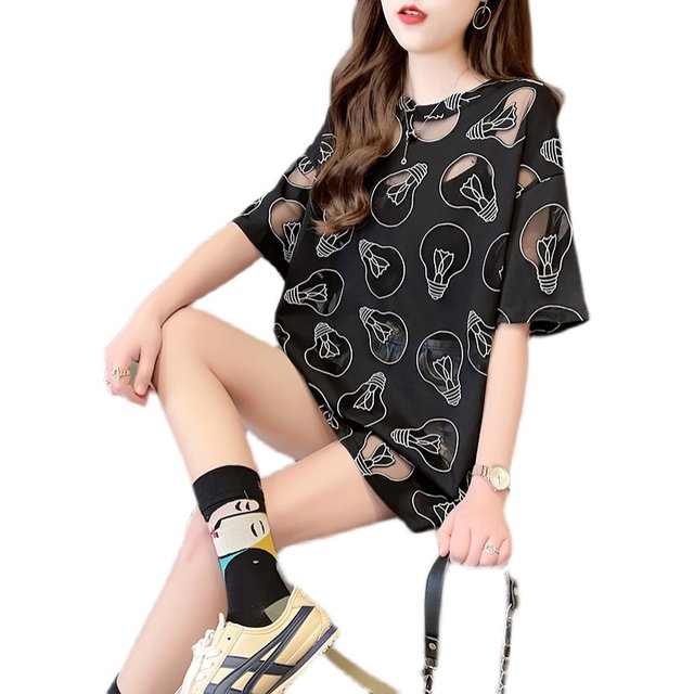 2021 summer loose large size mid-sleeved light bulb burnt flower pattern hollow mid-sleeved medium-length short-sleeved T-shirt for women half-sleeved
