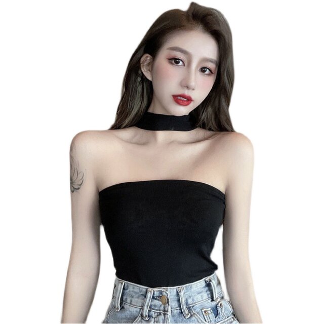 Bringing chest pads, neck band female design, American girl wearing black tube top tops in summer sexy large size vest

