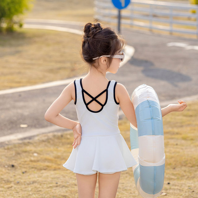 Girls one-piece swimsuit Korean version solid color cardigan sun protection princess skirt two-piece boxer briefs baby hot spring swimsuit