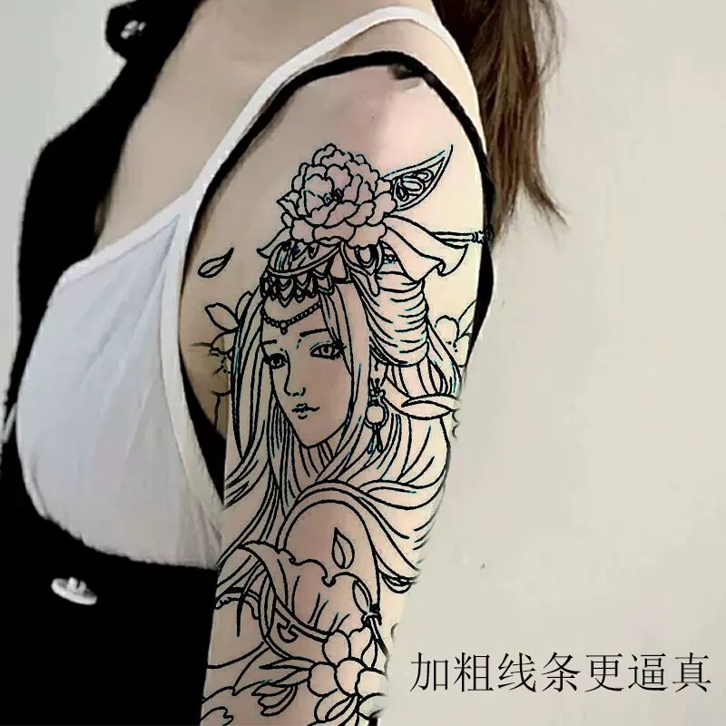 割线虞姬线条刺青色艺妓花臂小腿纹身贴貂蝉滴