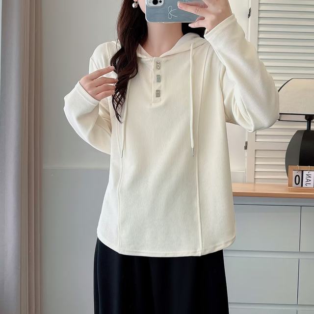Large size women's drawstring hooded sweatshirt for women in autumn sports and casual loose slim solid color versatile long-sleeved top