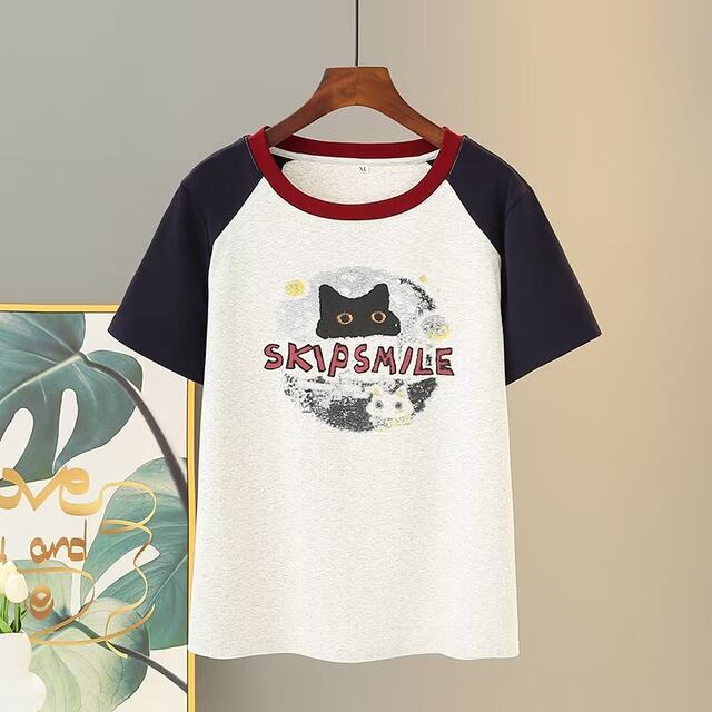 Gray retro raglan short-sleeved T-shirt for women in summer Hong Kong style large-size contrasting color round neck cat printed slim top
